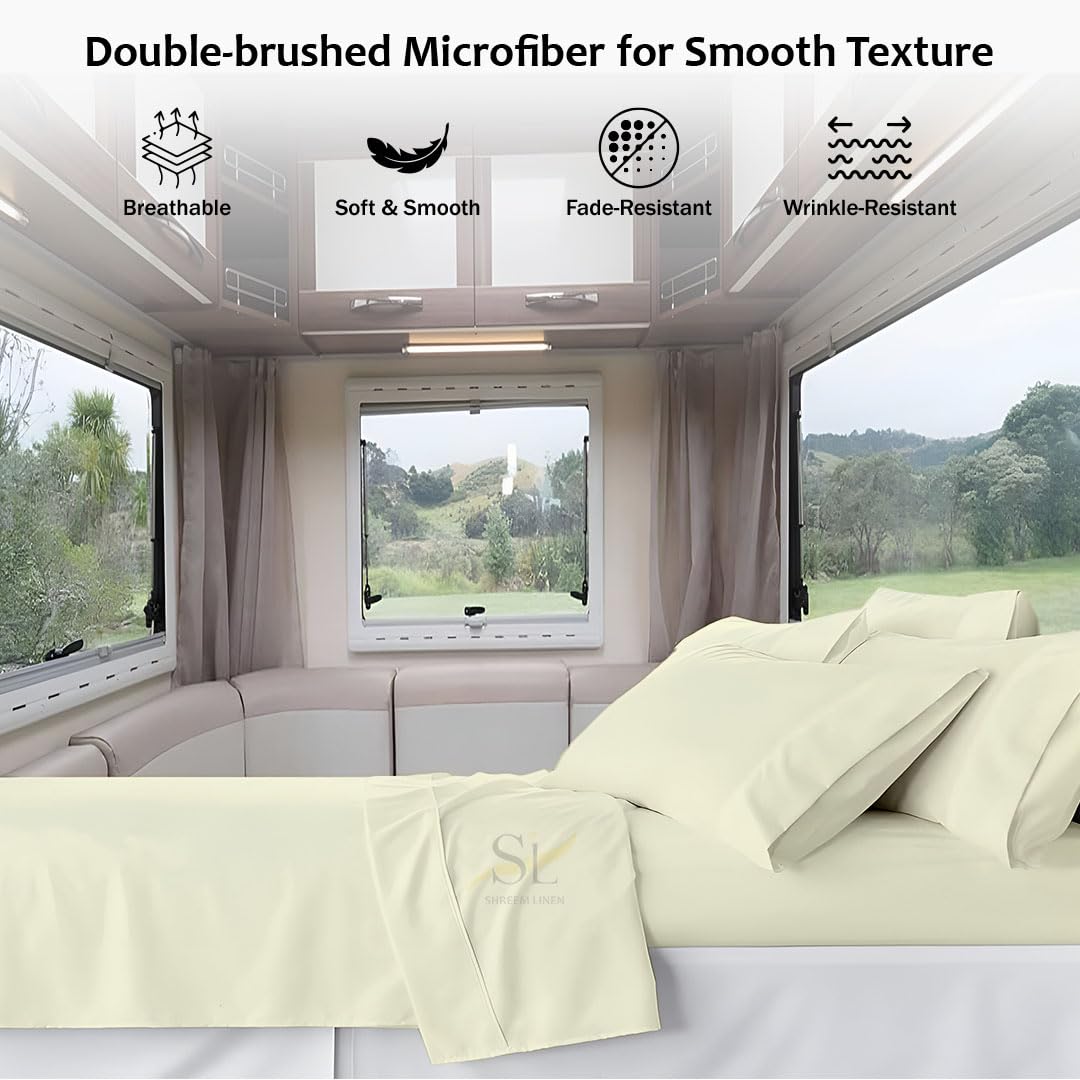 Shreem Linen Microfiber RV Sheet Sets, 48x75 3/4 Full Bunk, Ivory Solid - Fits Mattresses up to 8 Inches Deep, 4 Piece RV Bed Sheets for Campers, Motorhomes, and Travel Trailers