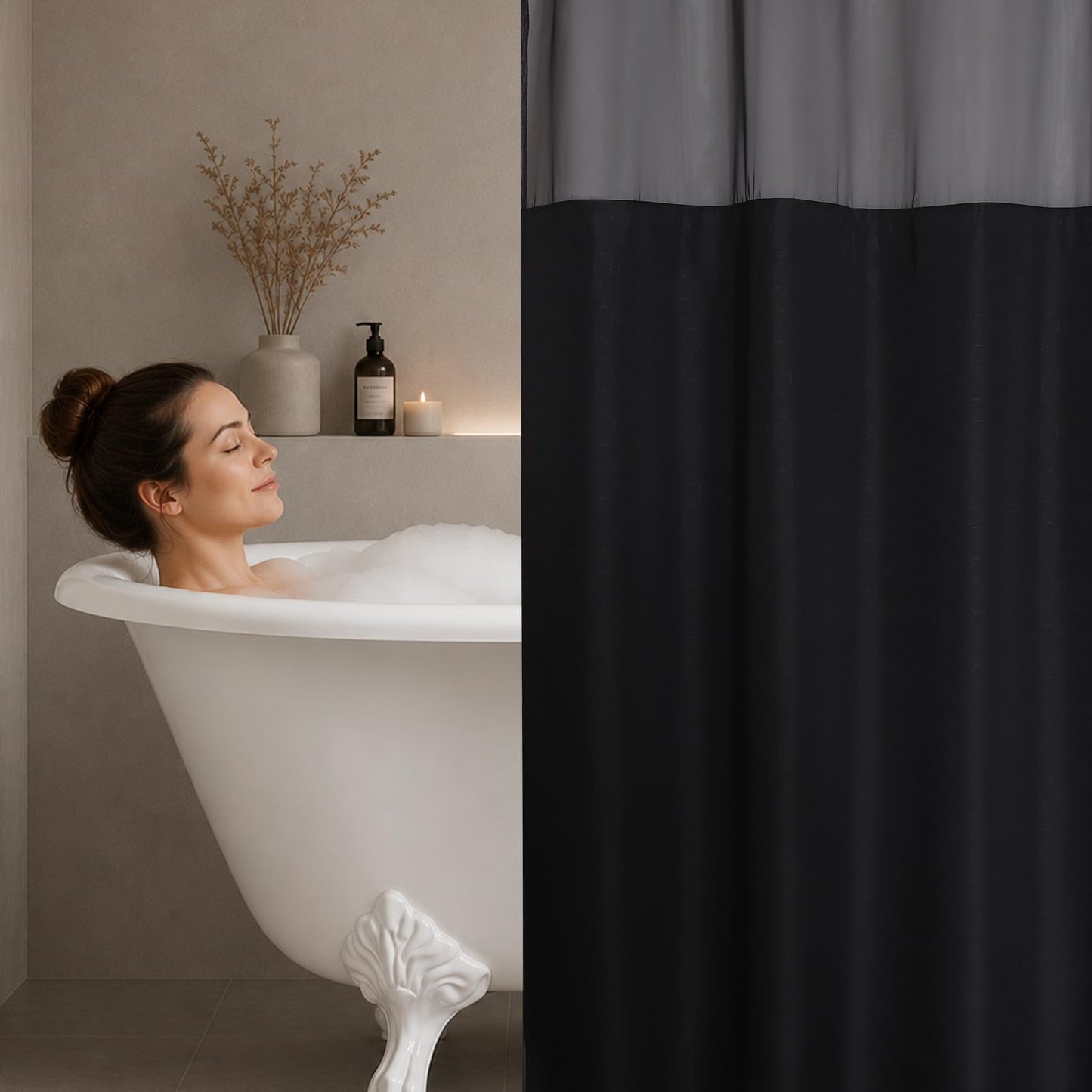 Blotixn No Hook Slub Textured Shower Curtain with Snap in Fabric Liner, Modern Hotel Style with See Through Top Window, Black Fabric Outer Curtain & Waterproof Inner Liner, 72 * 75 in
