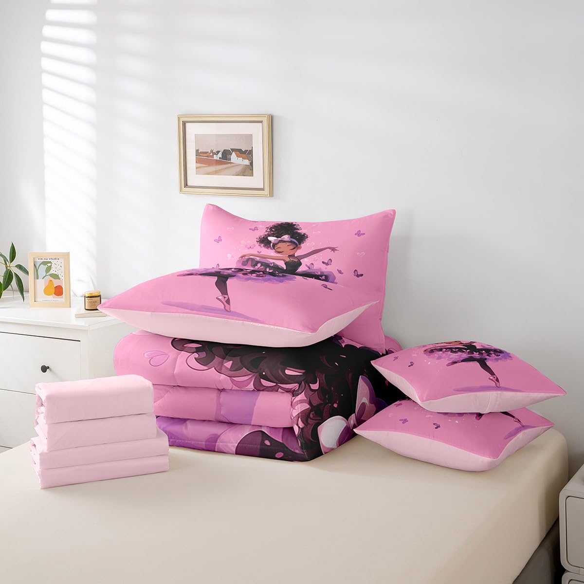 jejeloiu Kids Black American Girls Comforter Set 7 Pieces Full Size Ballet Butterfly Bedding Set for Boys Girls Princess Bed Set Bed in a Bag with Comforter, Sheets, Pillowcases & Cushion Covers