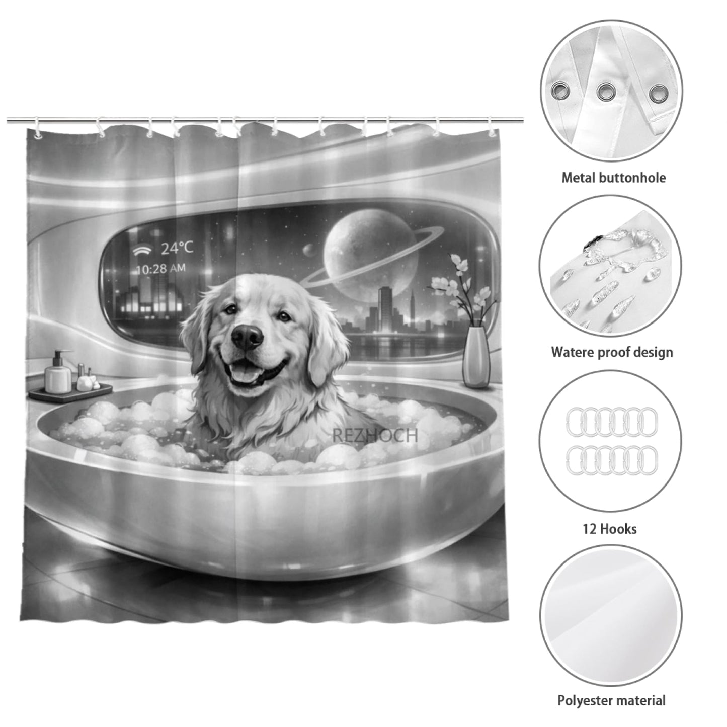 REZHOCH Black and White Fun Golden Retriever Dog Shower Curtain 72x72Inch,Futuristic Design Modern Minimalist Home Bathroom Decor,Cute Animal Bathtub Bubble Waterproof Bath Set with Hooks
