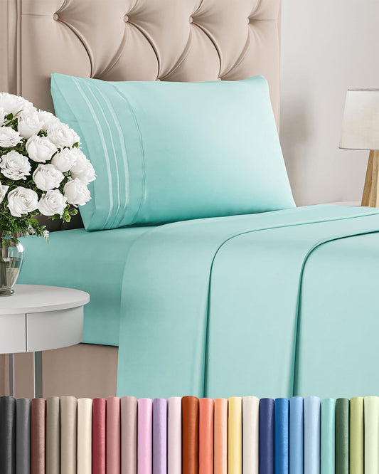 Twin Size 3 Piece Sheet Set - Comfy Breathable & Cooling Sheets - Hotel Luxury Bed Sheets for Women & Men - Deep Pockets, Easy-Fit, Extra Soft & Wrinkle Free Sheets - Spa Blue Oeko-Tex Bed Sheet Set
