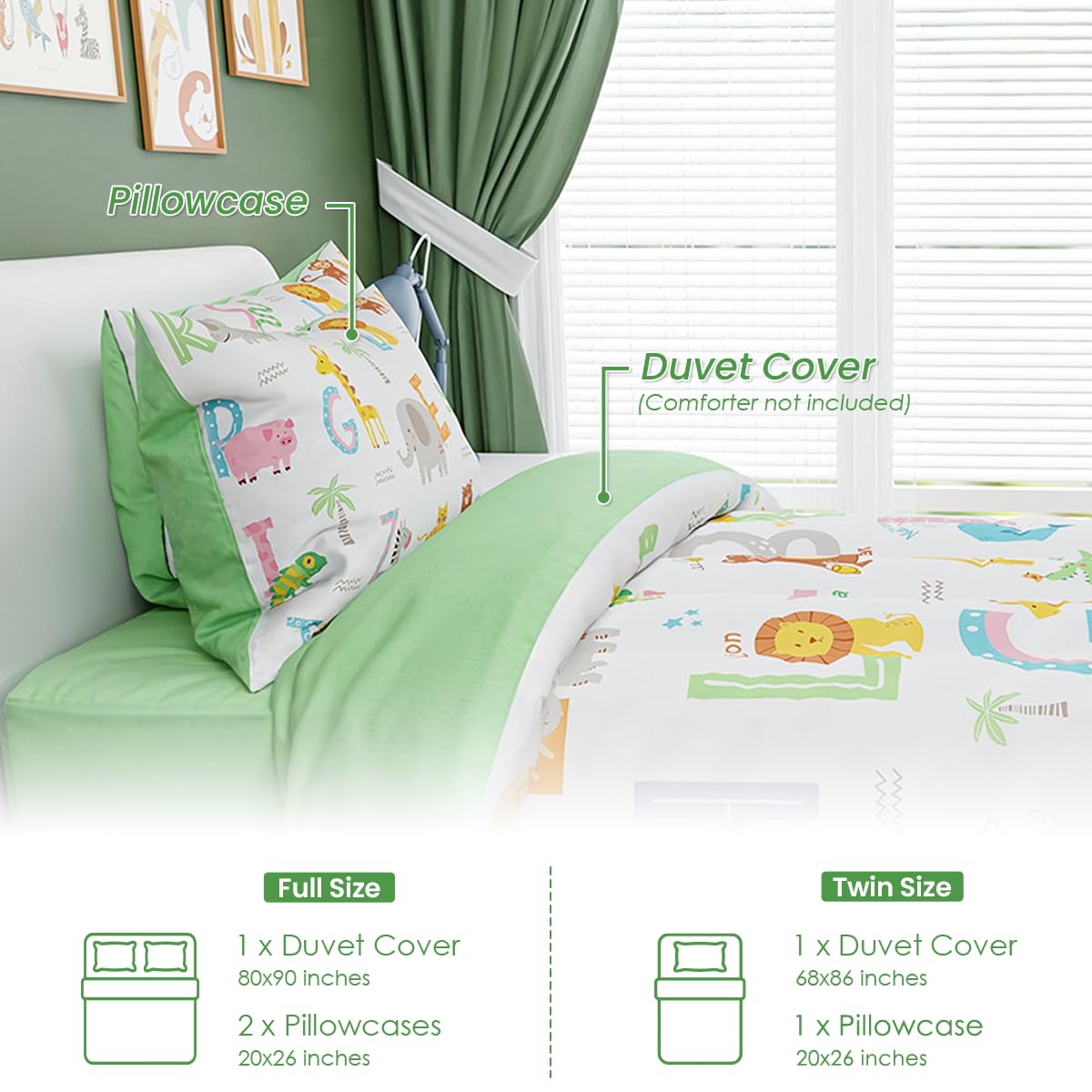 SANDJEST Alphabet Duvet Cover Sets Full Size for Kids Boys Girls, Incude 1 Polyester Comforter Cover 80x90 Inches and 2 Pillowcases 20x26 Inches, Comforter Not Included, Gift for Christmas Birthday