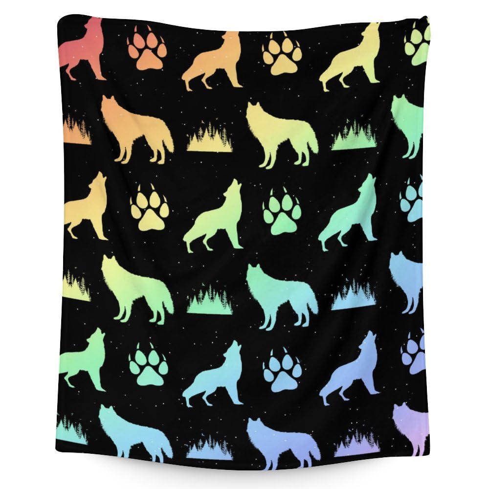 Wolf Blanket Gifts - 40"x50" Cute Throw Blanket for Adults Kids - Rainbow Soft Plush Throws for Couch & Travel