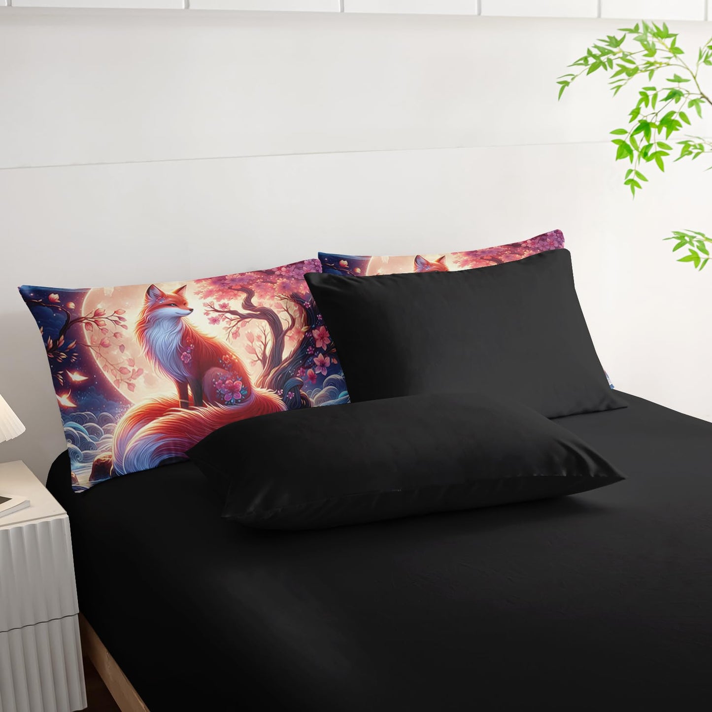 Nttopship Fox Comforter Set Twin Size 7PCS, Cartoon Fox Sakura Bedding Set 7 Piece in A Bag,Bed Sheet Set Wildlife Bedroom Decor,Microfiber Lightweight All Season