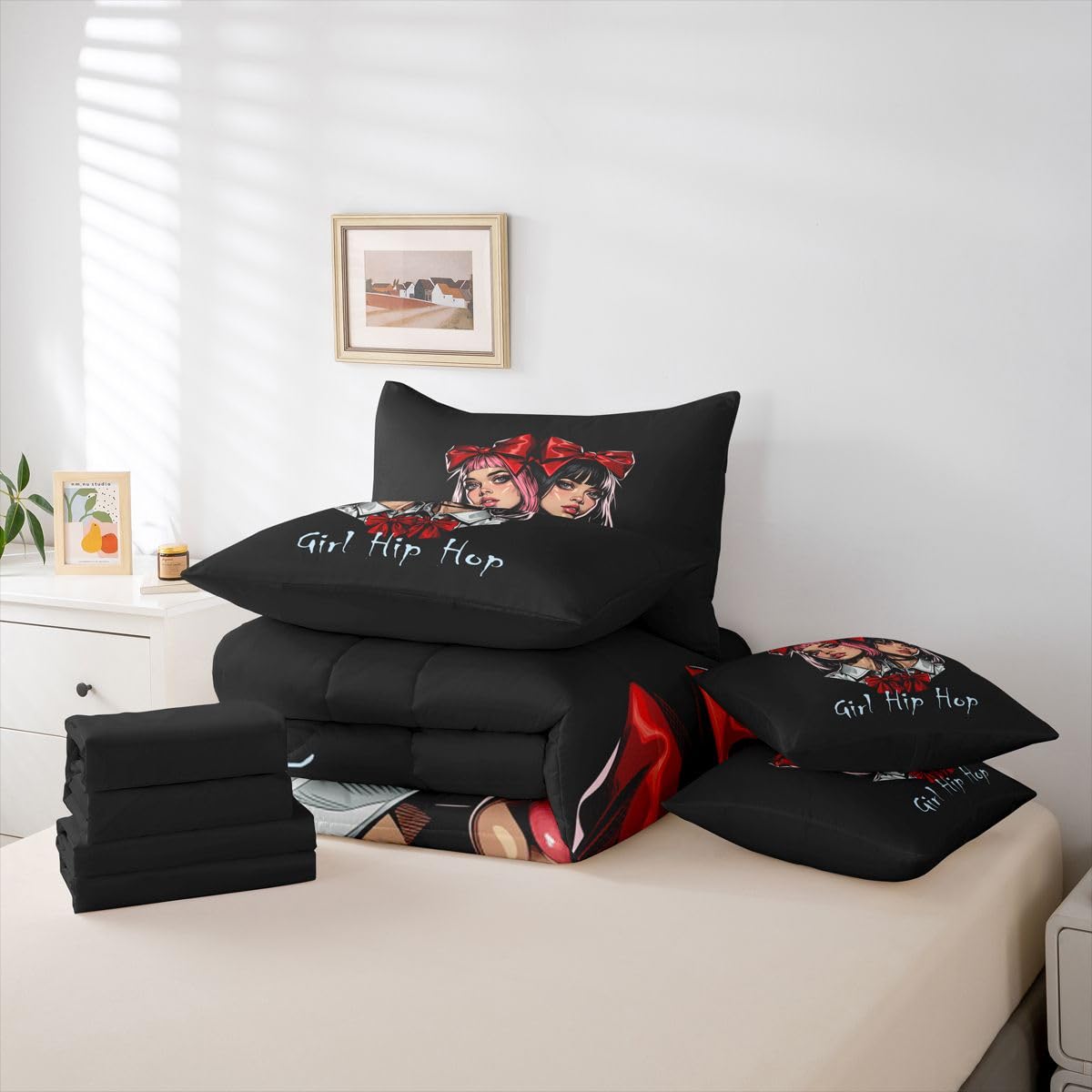 Erosebridal Cute Hip Hop Girl Twin Size Bedding Set Teens Women Red Bowtie 7 Pieces Comforter Set with Sheets Sweet Pink & Black Hair Anime Girls Bed in a Bag Funky Art Bed Sets
