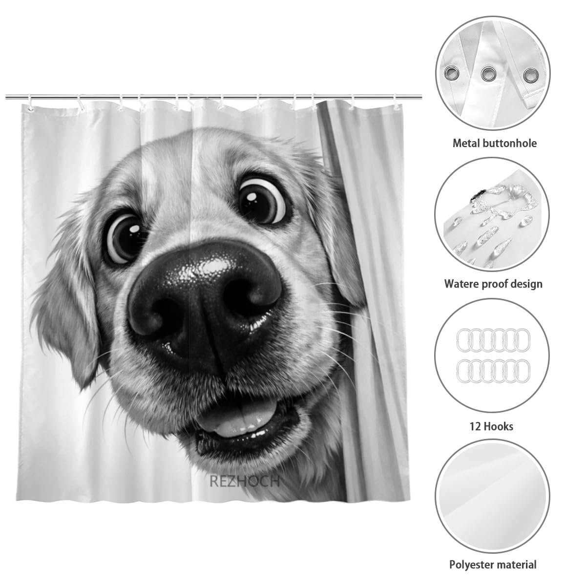 REZHOCH Funny Black and White Golden Retriever Shower Curtain 72x72Inch,Cute Animal Bathroom Decor,Modern Minimalist Grey Art Waterproof Fabric Kids Adults Bath Curtain Set with Hooks