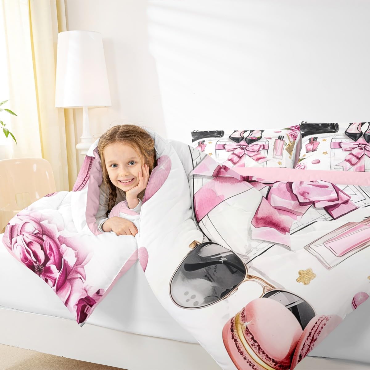 Erosebridal Pink King Bedding Set Girly Fashion Women Watercolor Coquette Bow Comforter Perfume Modern Pretty Magazine Book Quilt High Heels Makeup Duvet Insert for Girls