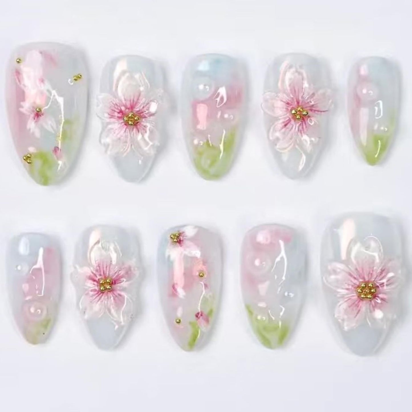 24Pcs Cute Flower Press on Nails Medium Almond Fake Nails Spring Summer Nail Art Handmade Gradient Stick on Nails Glossy Full Cover Artificial Nails for Women DIY Nails Decoration Daily Wear