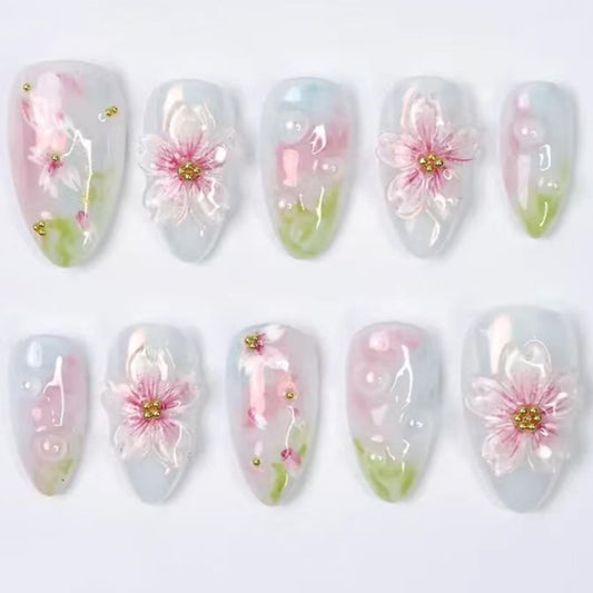 24Pcs Cute Flower Press on Nails Medium Almond Fake Nails Spring Summer Nail Art Handmade Gradient Stick on Nails Glossy Full Cover Artificial Nails for Women DIY Nails Decoration Daily Wear