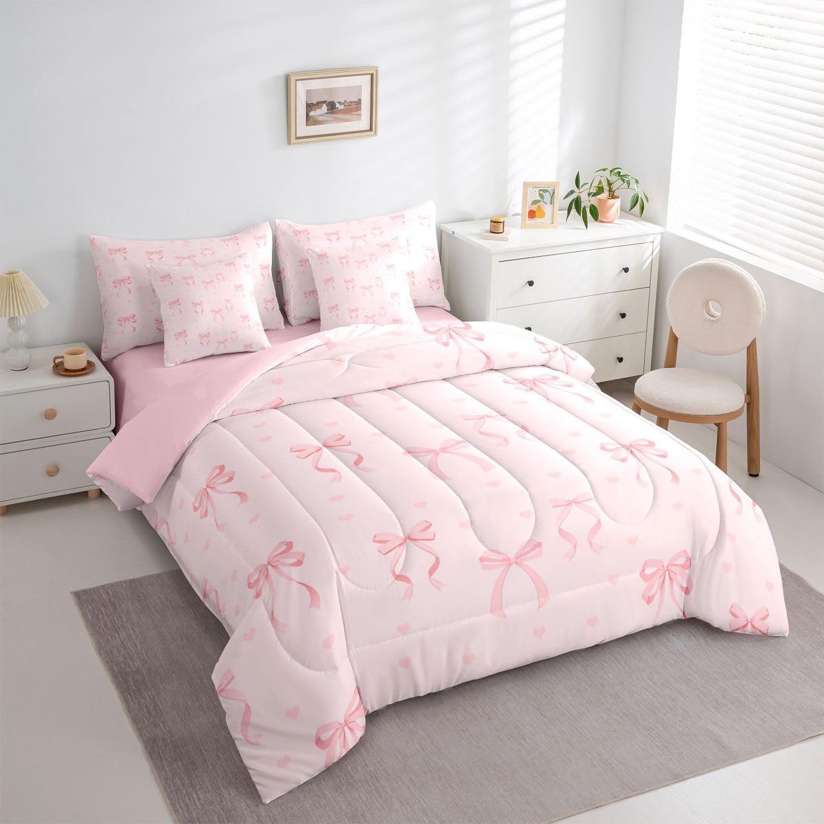 Erosebridal Pink Bow Comforter Set Princess Bowknot Bed in A Bag Full Size 7 Pieces Girly Pink Bows Bed Set Room Decor Ribbon Bow Knot Bedding with Sheets