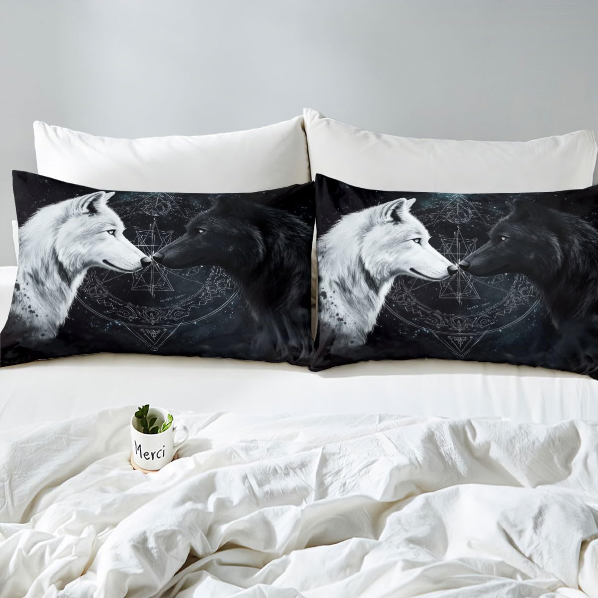 Castle Fairy Black White Wolf Bed Sheets Full Size,Sun Moon Starry Sky Bedding Set 4Pcs for Kids Boys Men Adult Room Decor,Wild Animals Fitted Sheet Cool Black Soft Top Flat Sheet,2 Pillowcases