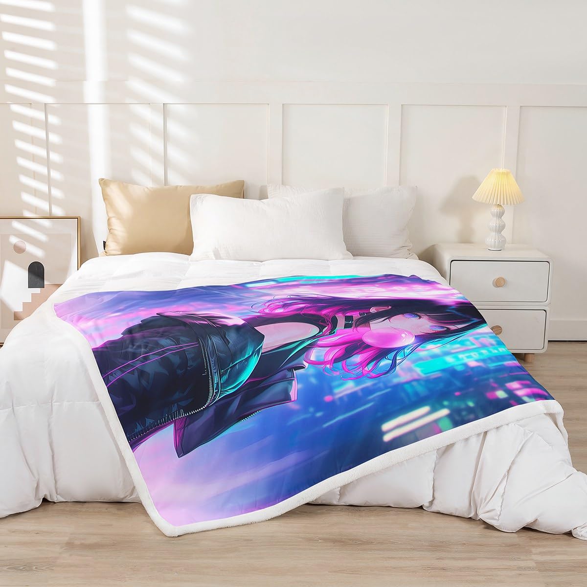 Erosebridal Anime Girl Throw Blanket Twin Size, Kawaii Japanese Anime Sherpa Blanket for Kids Boys Teens Adult Women, Cartoon Girl Fleece Japan Animation Bedroom Decor, Machine Washable