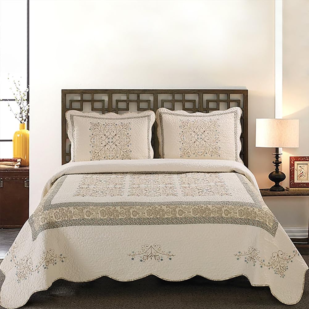 ROOMLIFE Quilt Set Queen Size 3D Floral Embroidery Pattern 3-Piece Cotton Reversible Quilted Embroidered Decorative Bedspreads Coverlet Bedding Set, Lightweight &Soft, All Season(86.6" X 94.4")