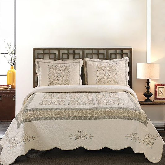 ROOMLIFE Quilt Set Queen Size 3D Floral Embroidery Pattern 3-Piece Cotton Reversible Quilted Embroidered Decorative Bedspreads Coverlet Bedding Set, Lightweight &Soft, All Season(86.6" X 94.4")