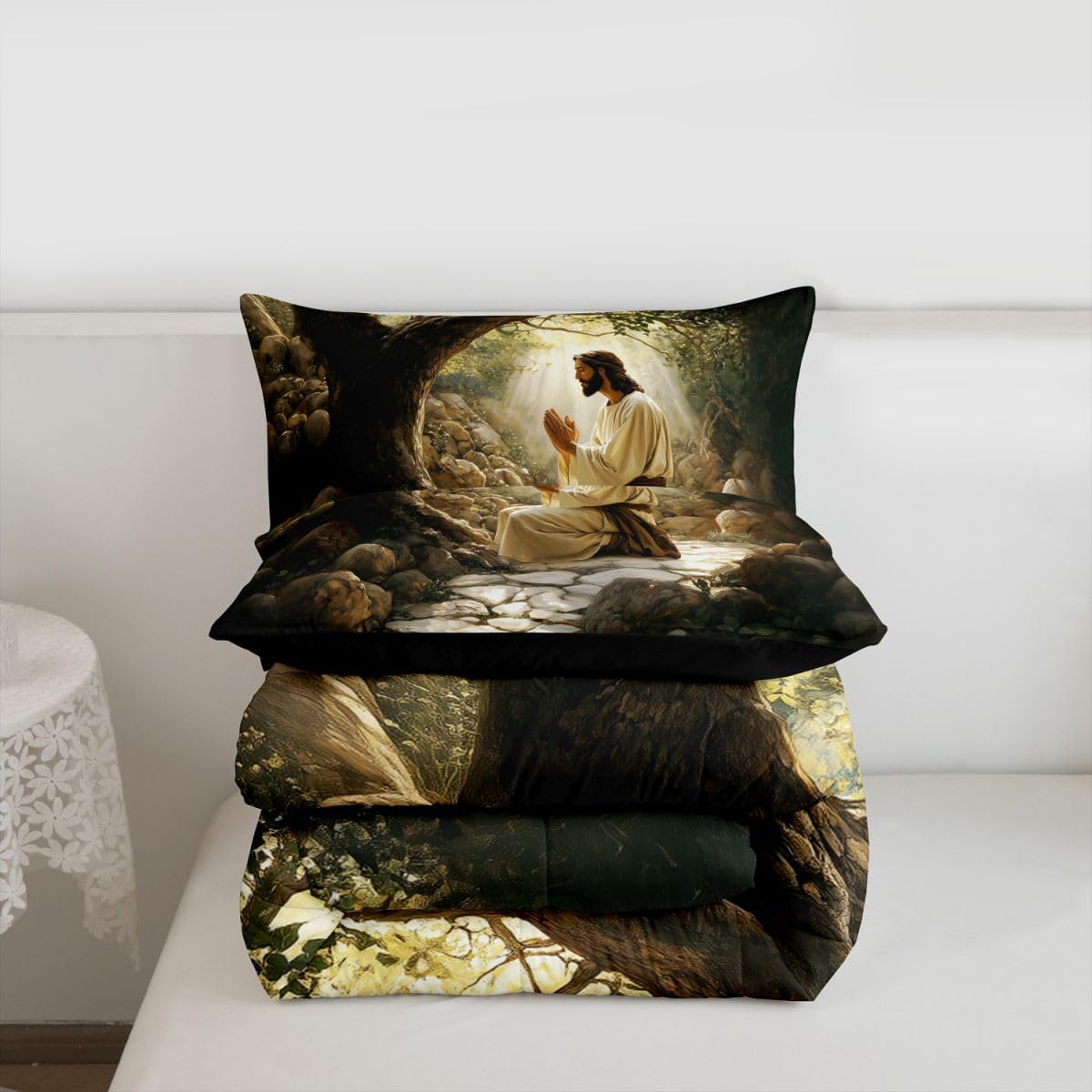 Manfei God Praying Girls Bedding Set Twin Size,The Garden of Gethsemane Comforter Set,Western Bible Verse Spiritual Quilt Comforter Girls Boys Teens,Black Gray Room Decor All Season,1 Pillowcase