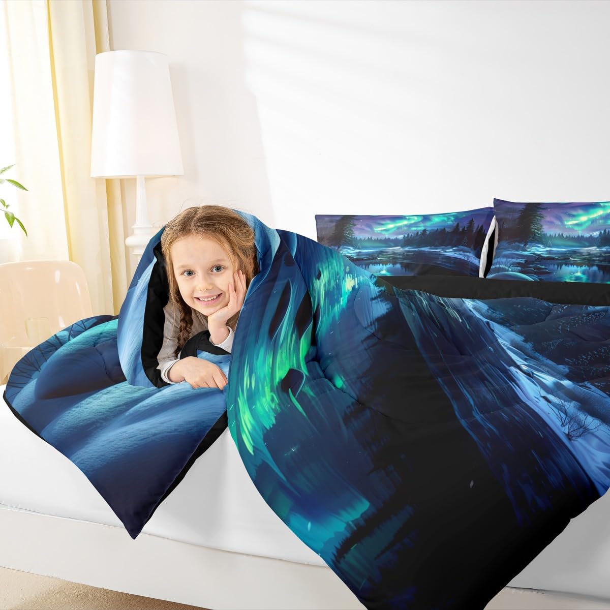 Manfei Northern Lights Kids Comforter Set Twin Size,Pine Trees River Natural Bedding Set Room Decor,Romantic Mysterious Magical Quilt Comforter,Blue and Green Duvet Set Bedroom Quilt Set,1 Pillowcase