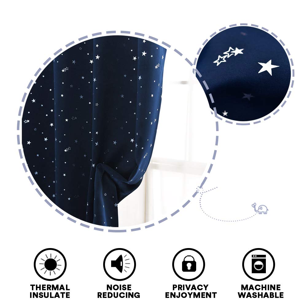 PrinceDeco Blackout Kids Curtains for Bedroom Thermal Insulated Silver Twinkle Star Curtains for Boys Antique Grommet Top Window Treatment 2 Panels Drapes for Nursery (52" W x 84" L, Navy/Silver)