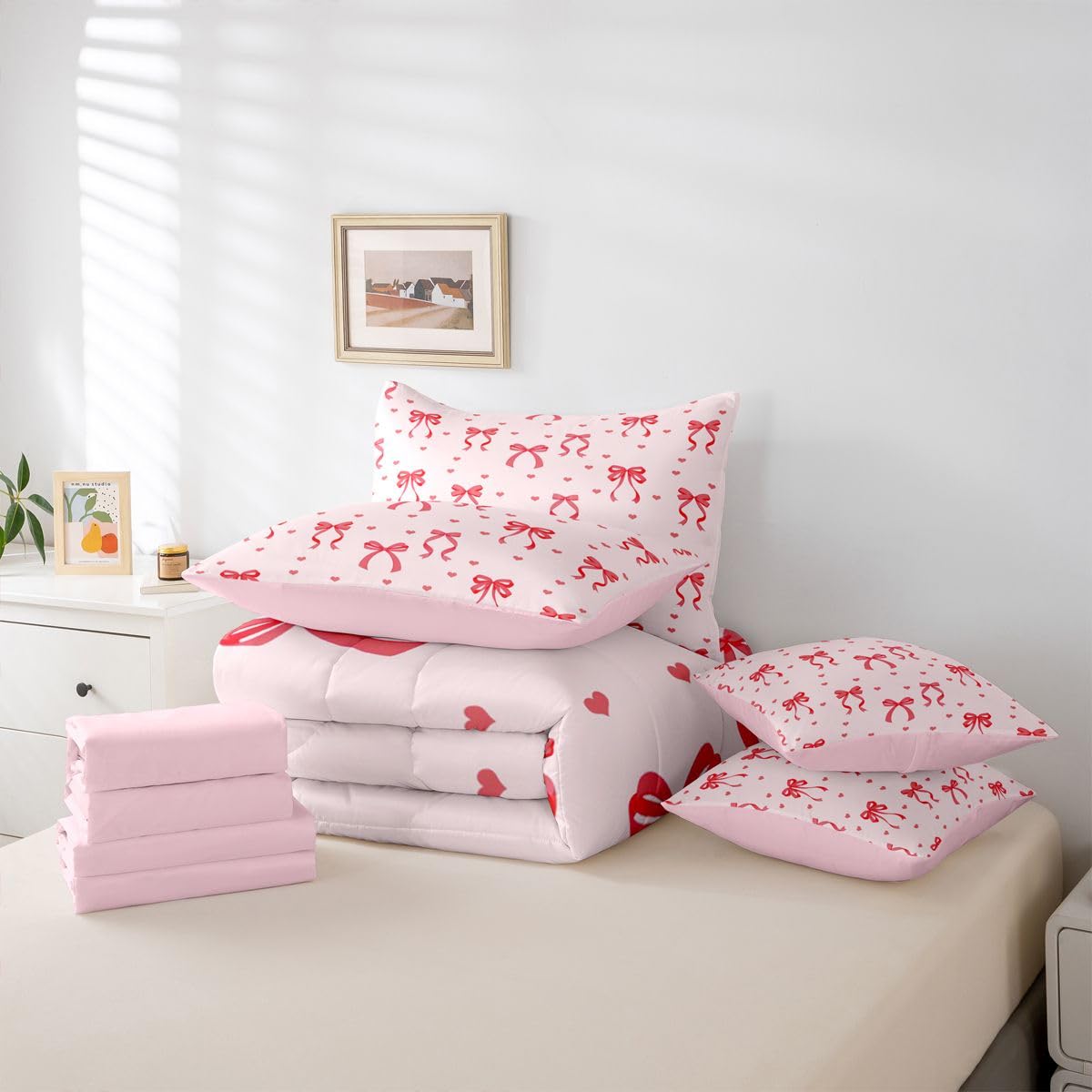 Erosebridal Kawaii Bowknot Full Size Comforter Set,Dreamy Princess Style 7-Piece Bed in A Bag,Girly Cute Bow Sheets and Pillowcases,Pink Red Bow Tie Bedding Set Room Decor