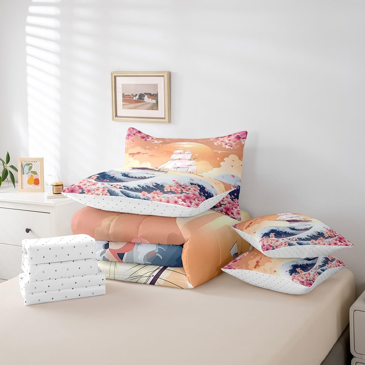 Erosebridal Japanese Ocean Waves Queen Bedding Set,Nautical Sailboat Comforter Set 7 Piece,Pink Cherry Blossom Bed in a Bag Sailing Boat Pirate Bed Set with Fitted Sheet,Flat Sheet,Pillowcases