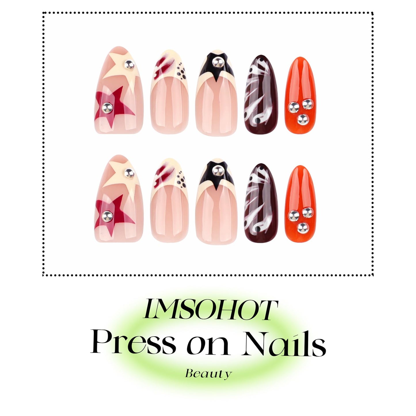 IMSOHOT Medium Almond Press on Nails- Metal Ball & Star French Tip Design, Glossy Acrylic Handmade Glue on Fake Nails, Y2K, Punk Artificial False Nails 24Pcs