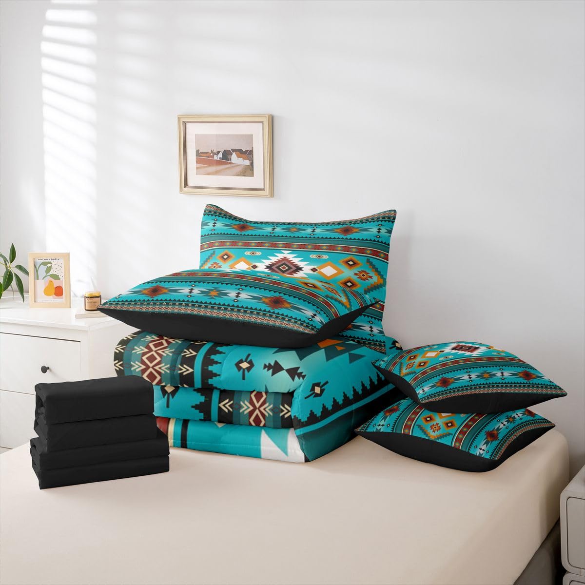 Erosebridal Black Teal Blue Cowboy Aztec Full Comforter Set 7 Pieces | Southwestern Bohemian Bed in A Bag for Bedroom Geometric Farmhouse Cowgirl Bedding Set with Comforters Tribal Adults Room Decor