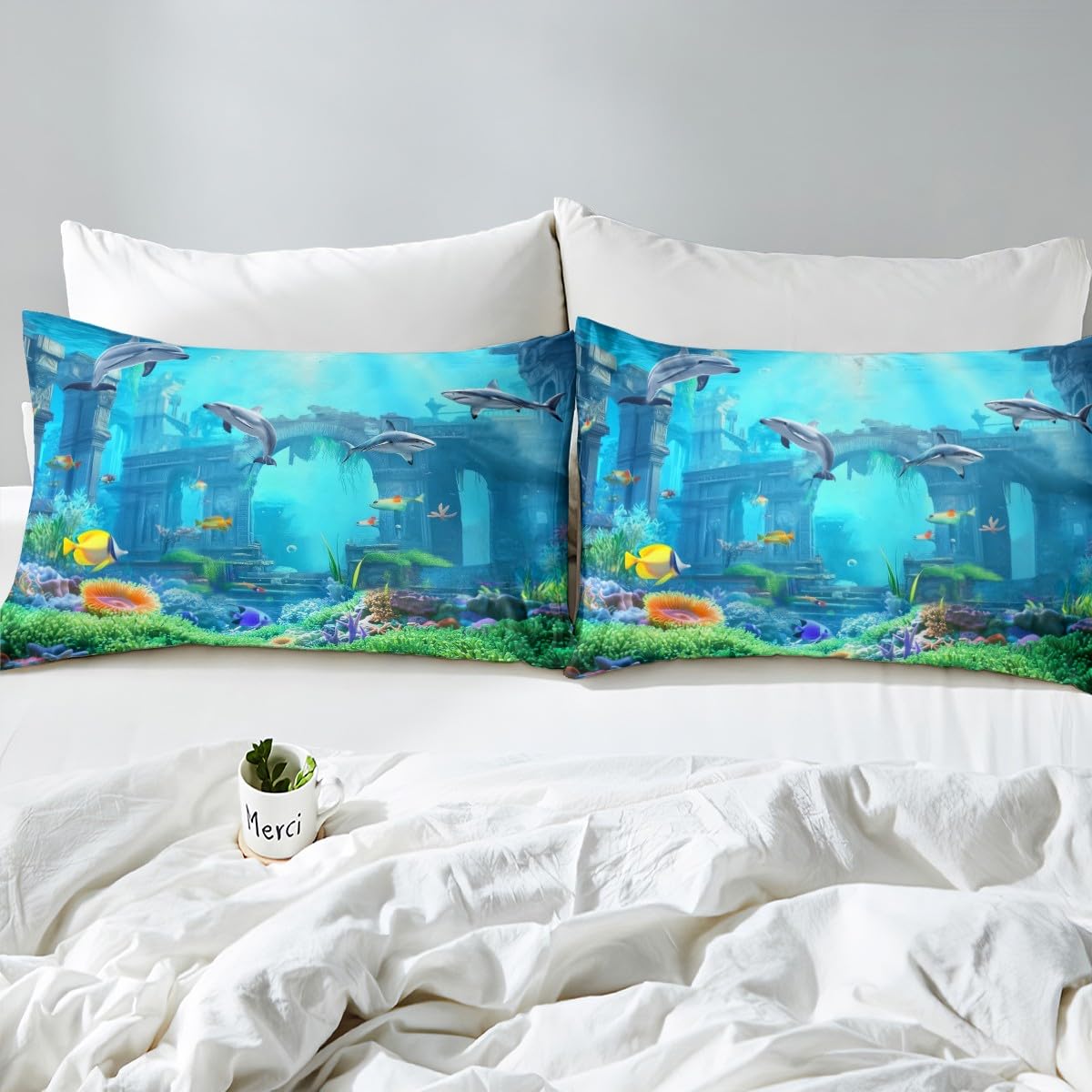 Erosebridal 3D Underwater World Bed Sheets Beach Fish Sea Blue Sheet Set Full Size, Shark Dolphin Fitted Sheet for Kids Child, Jellyfish Starfish Flat Sheet Tropical Sealife Bedroom Decor