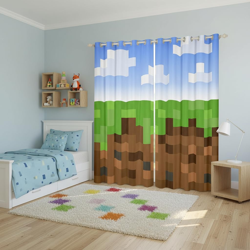 Castle Fairy Pixel Grid Miners Window Curtain | Pixelated Games Window Drapes for Kids Bedroom Decor,Geometric Grid Blackout Curtains Brown Green Army Camo Living Room Top 2 Panels,38Wx54L
