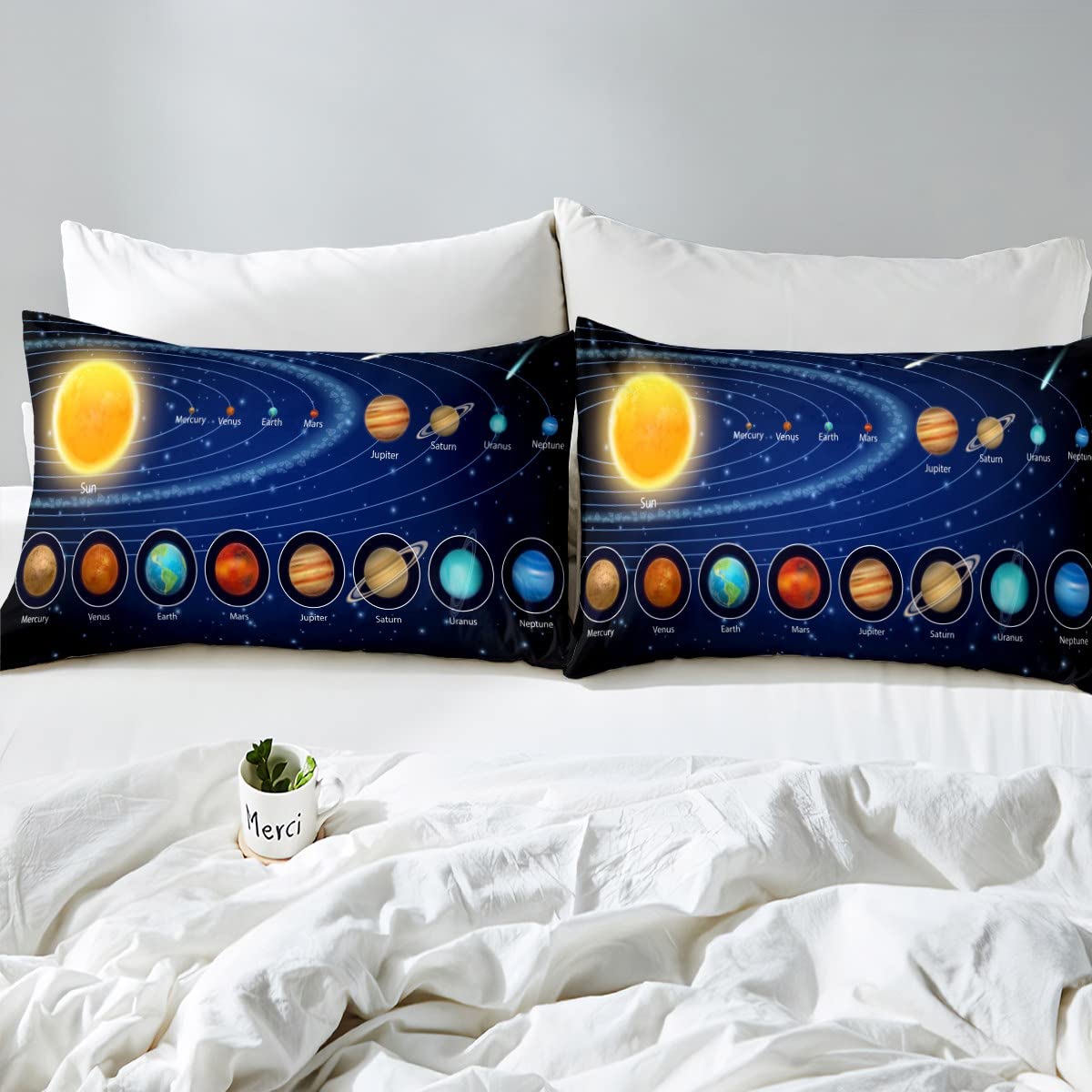 Feelyou Solar System Fitted Sheet Space Galaxy Bed Sheet Set Eight Planets Astronomy Bedding Queen Size Includes 1 Sheets & 2 Pillowcases (No Flat Sheet)