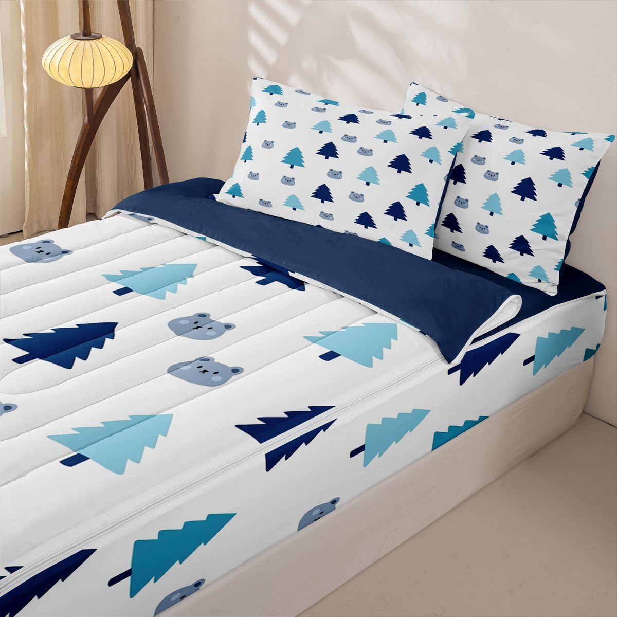 jejeloiu Cute Bear Comforter Set Twin Size Zipper Bedding Set for Girls Boys Tree Pattern Comforter with Fitted Sheet, Pillowcases Blue White Zipper Bedding Soft Breathable Wild Animal Bed in a Bag
