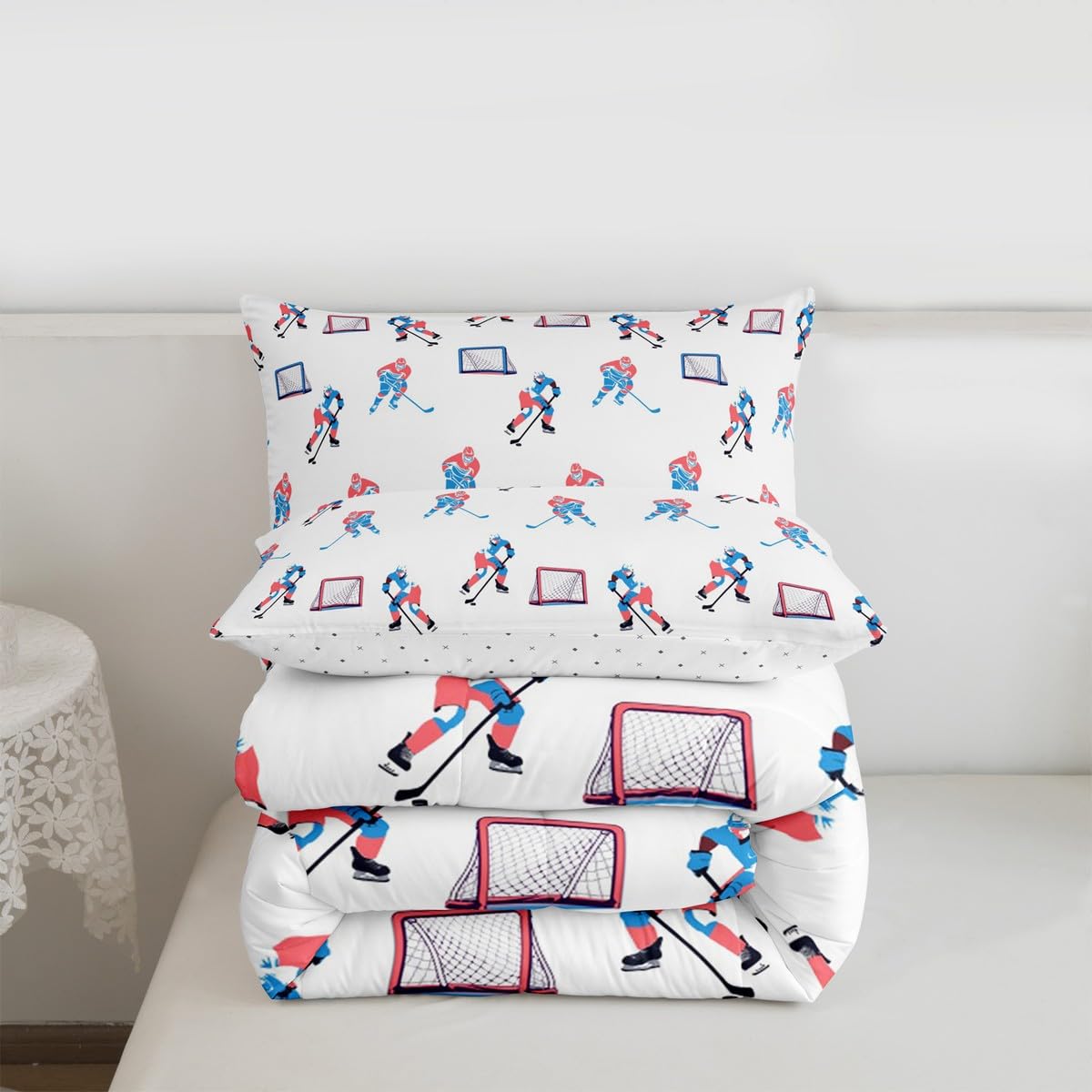 Manfei Hockey Players Kids Comforter Set Queen Size, Bedding Set,Girls Boys Room Decor,Winter Sports Games Quilt Comforter,White Blue Duvet Set Bedroom Quilt Set,2 Pillowcases