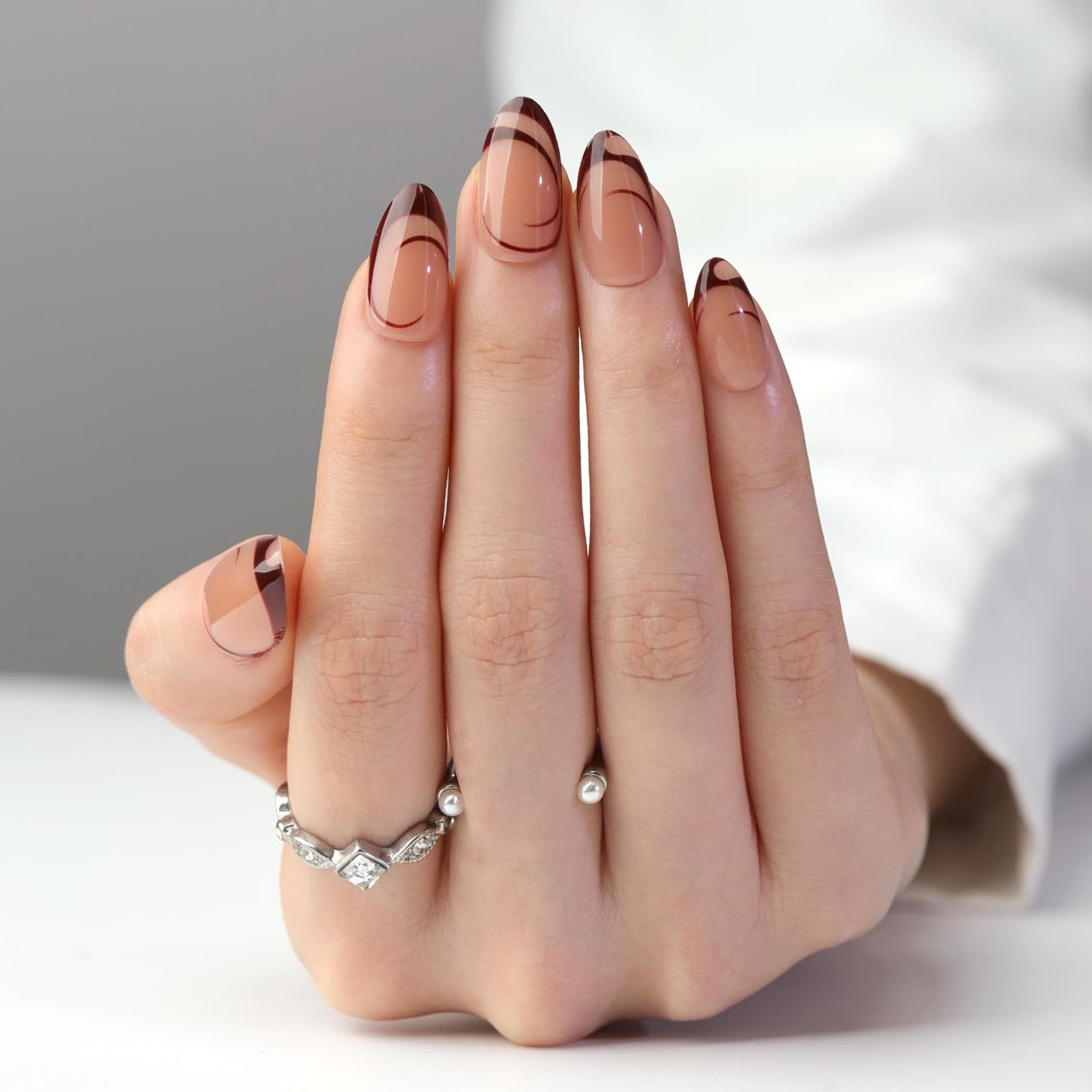 Stbisen Nude Almond Press on Nails Short, Fall French Fake Nails with Unique Elegant Shaped Burgundy French Tip Design, Glossy Finish Acrylic Nails, Natural Reusable Glue on Nails Kit for Women