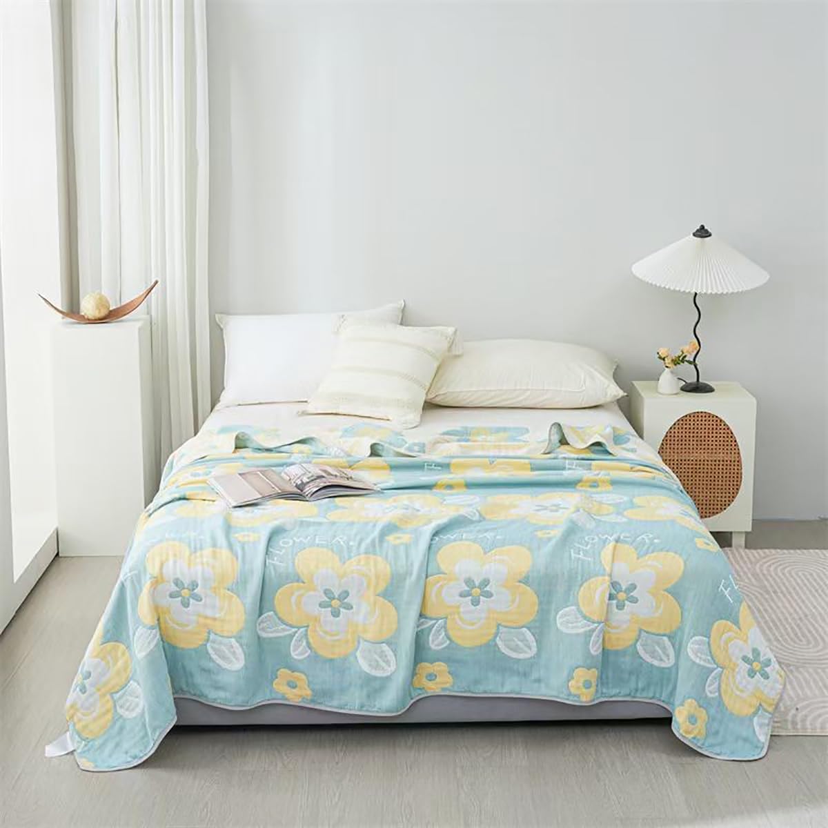 SANACYNA Muslin Blanket 100% Cotton 6-Layer Gauze King Floral Bed Blanket Lightweight Soft Breathable Blanket for Sofa Bed Coverlet Both Sides (Floral Blue, King 90 x 104 in)