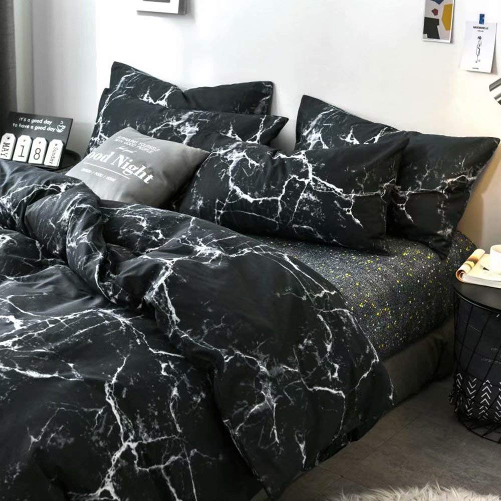 Luxlovery Black Marble Comforter Set Queen Black Marble Bed Set Full Cotton Comforter Cozy Beathable Soft Black and White Marble Quilts Blanket Modern Comforter Set