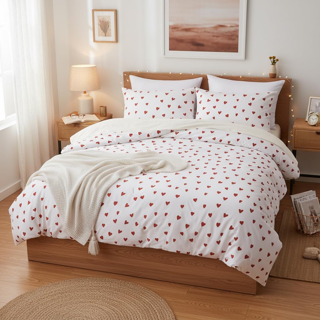 Nayoroom Heart Comforter Set Queen Size Kawaii Red Heart Pattern Comforter Kids Girls Cute Heart-Shaped 3Pcs Soft Lightweight Bedding Set for All Seasons (1 Comforter, 2 Pillowcases)