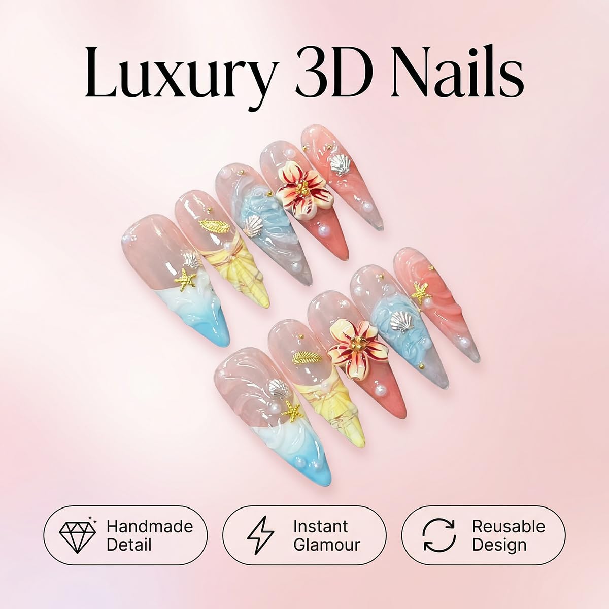 10pcs Handmade Press on Nails Long Stiletto False Nails Blue Fake Nails with 3D Flower Designs Sparkly beach Charm luxury Summer Artificial Nails for Women (Size M）