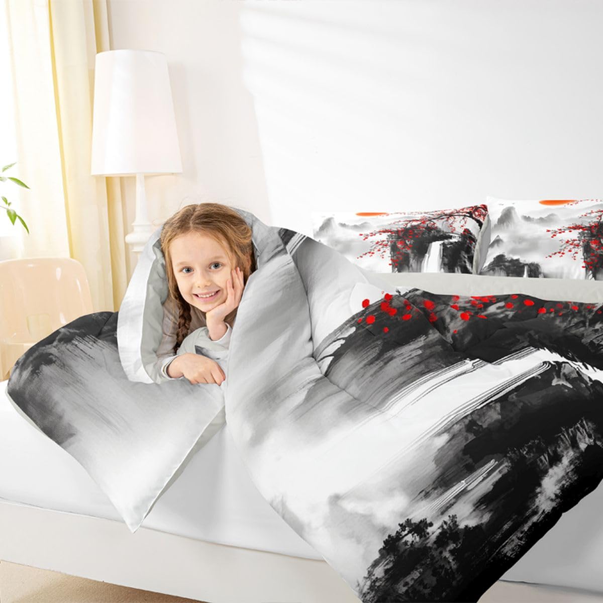 jejeloiu Chinese Ink Painting Kids Comforter Set Queen Size Cherry Blossom Bedding Set Red Sun Mountain Duvet Quilt for Kids Boys Girls Bedroom Japanese Style Decor Microfiber Ultra Soft Breathable