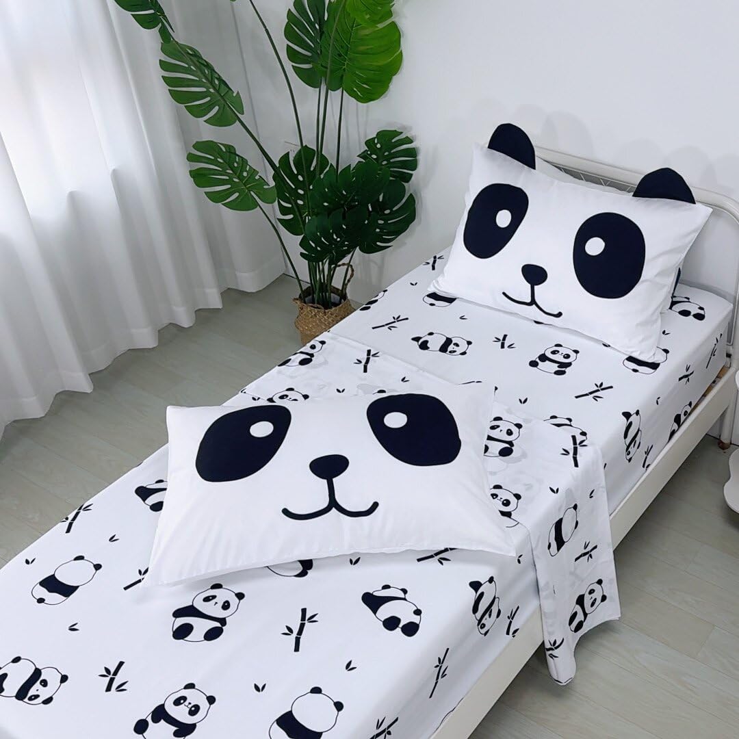 MUSOLEI Panda Sheets Panda Fitted Sheets Cute Animal Bed Set with 3D Ear Girl Twin Bed Sets Girl Full Bedding Kids Bedding Cute Kids Bed Sheets 1 Flat Sheet 1 Fitted Sheet with 1 Pillowcase (Twin)