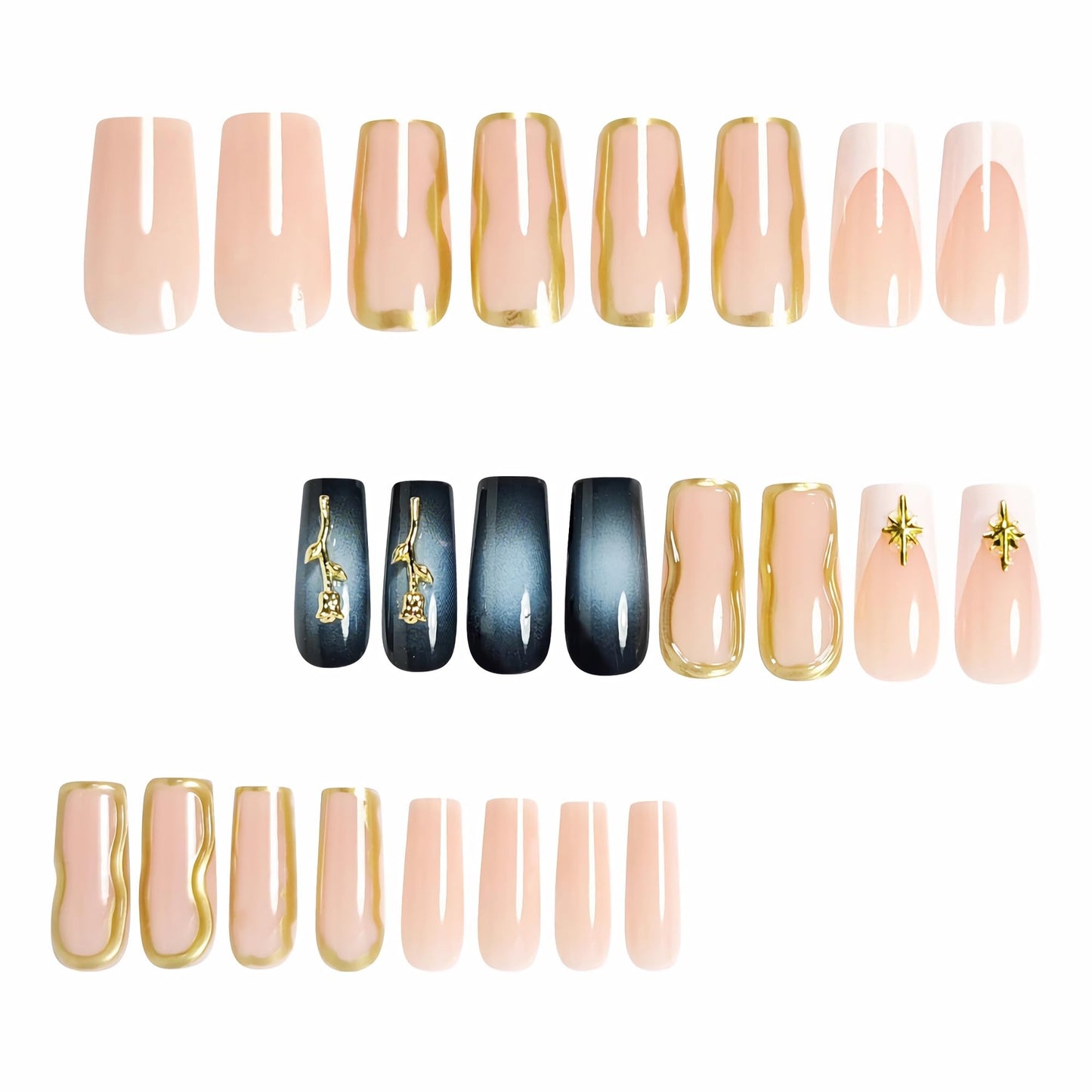 BABALAL Press on Nails Long Square Fake Nails Ombre Fall Glue on with Gold Rose Charm Luxury 3d Texture Handmade Design Y2k Manicure 24Pcs Acrylic False Nails for Women Girls