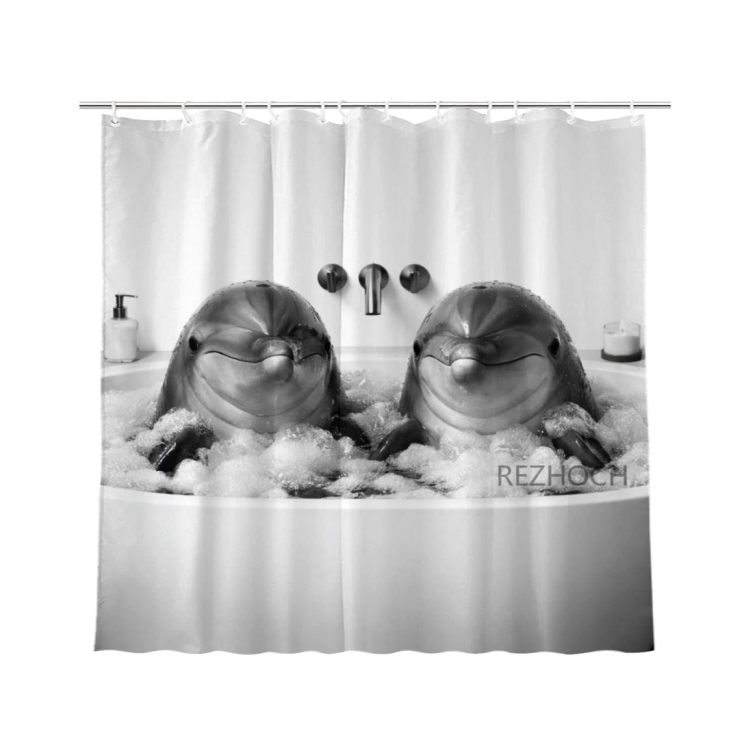 REZHOCH Modern Minimalist Funny Dolphin Shower Curtain 72x72 Inch, Luxury Black and White Cute Animals in Bathtub Bubbles Bathroom Decor,Waterproof Fabric Bath Set with Hooks