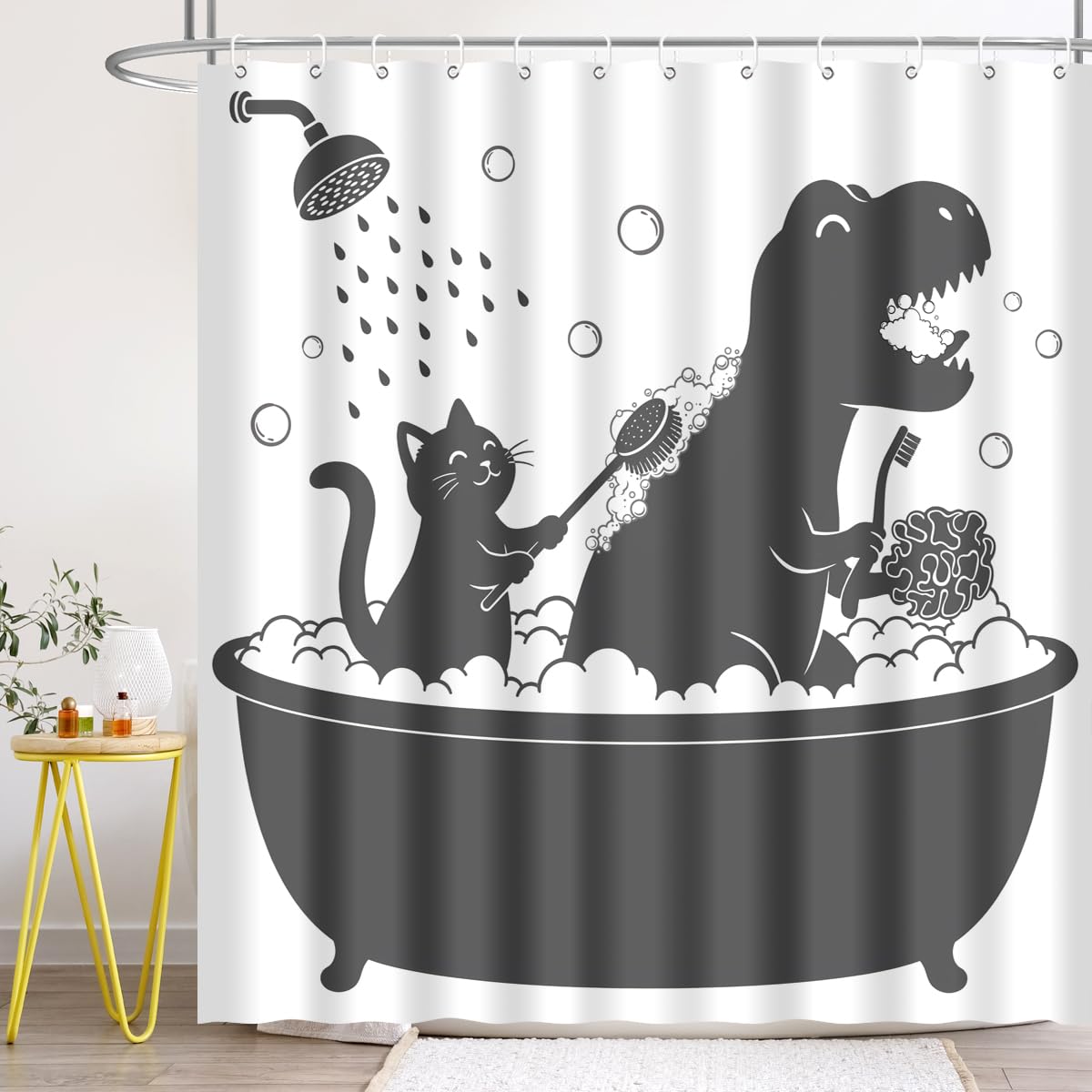 BIYSUC Dinosaur Shower Curtain Funny Dino Cat for Kids Boys Trex Silhouette Animal Shadow Cartoon Black White Bathroom Waterproof Polyester Fabric 72Lx72W Inch with Hooks