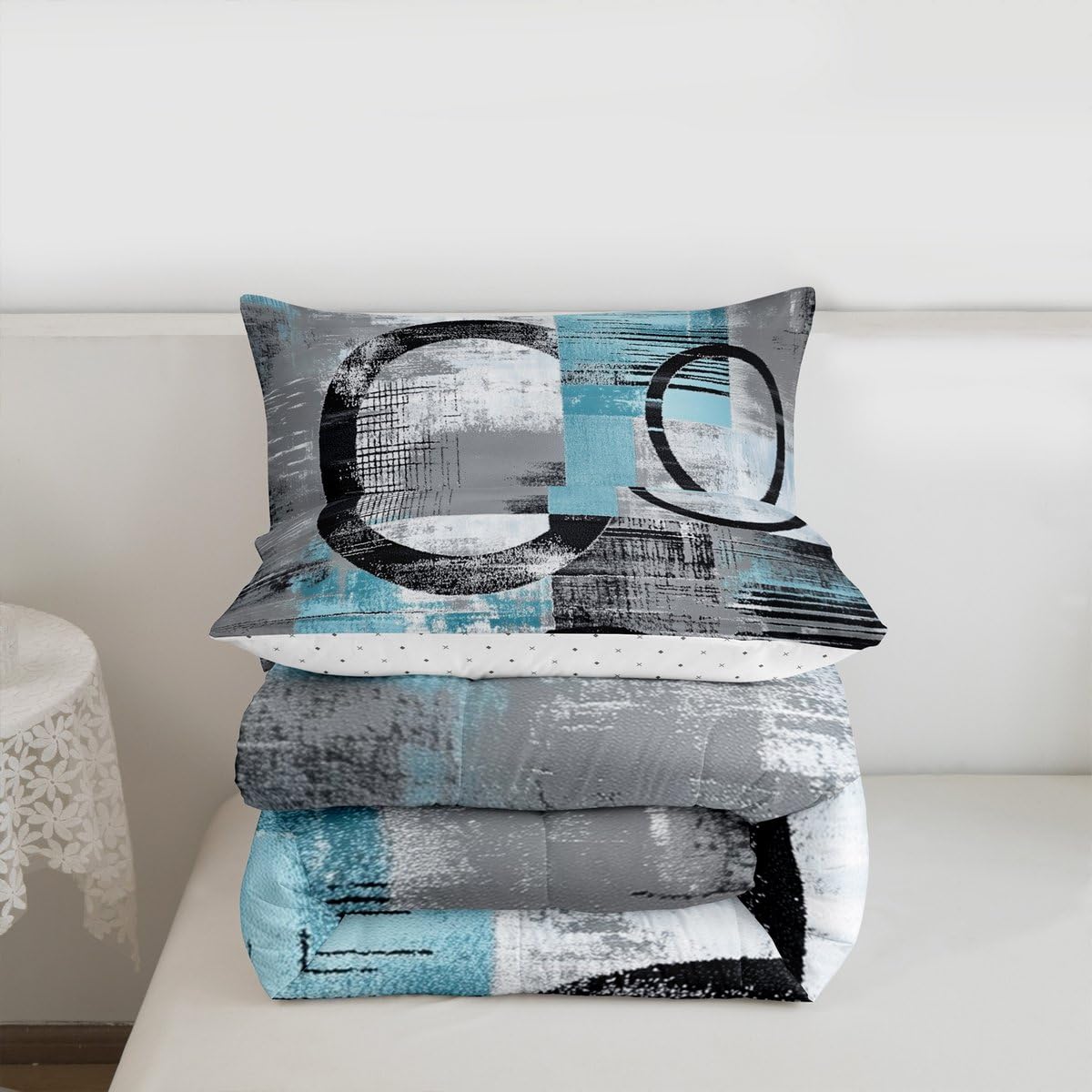 Feelyou Abstract Comforter Set Full Size Modern Abstract Art Bedding Set Geometric Duvet Quilt Luxury Bedroom Decor Blue 3 Pcs with 2 Pillow Cases