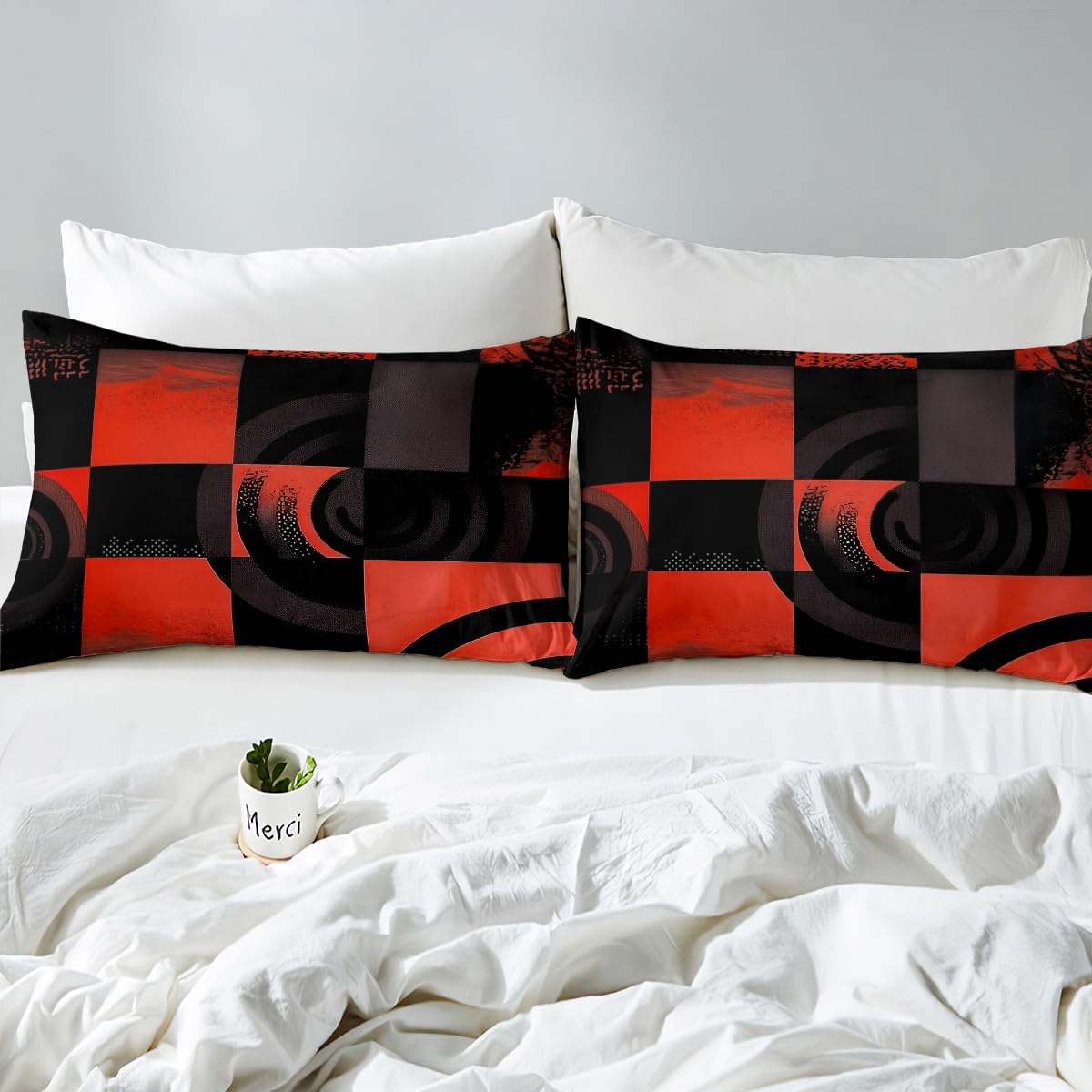 jejeloiu Black and Red Fitted Sheet with 1 Pillowcase Twin Size Abstract Bed Sheets Set 16" Deep Pocket Boys Girls Bedding Plaid Teens Bedroom Decor Breathable Soft Lightweight Microfiber