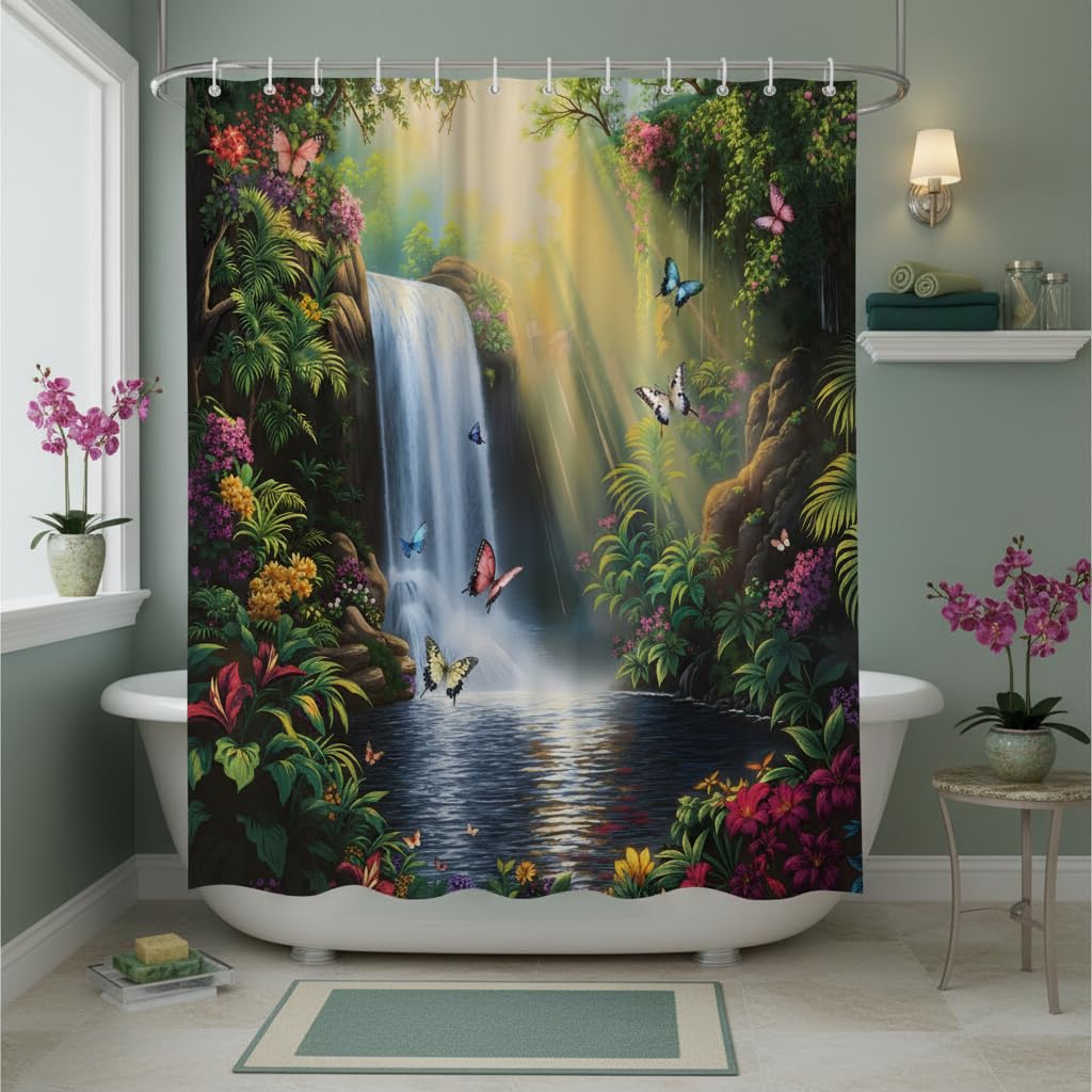 EUBTPA Tropical Waterfall Shower Curtain with Butterflies and Colorful Jungle Flowers, Nature Scenery Bathroom Decor Polyester Fabric Curtains 70X70 Inch