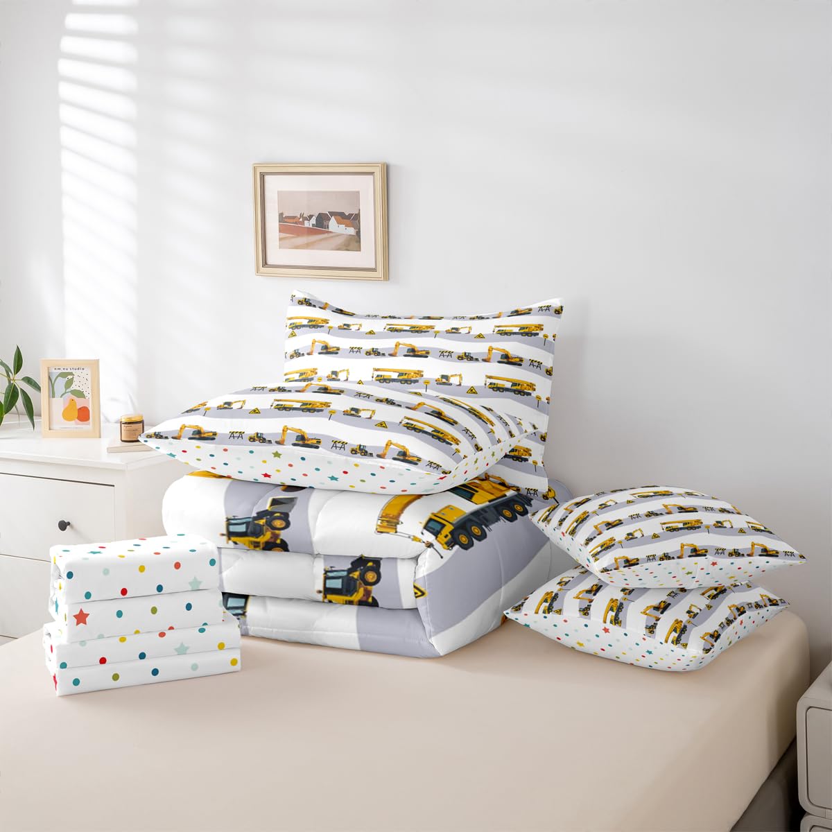 Erosebridal Cartoon Car Comforter Set with Sheets Twin Size Truck Excavator Bed in A Bag 7 Piece Yellow Tractor Bedding Set for Kids Boys Children Bedroom Construction Vehicle Bulldozer Bed Sets