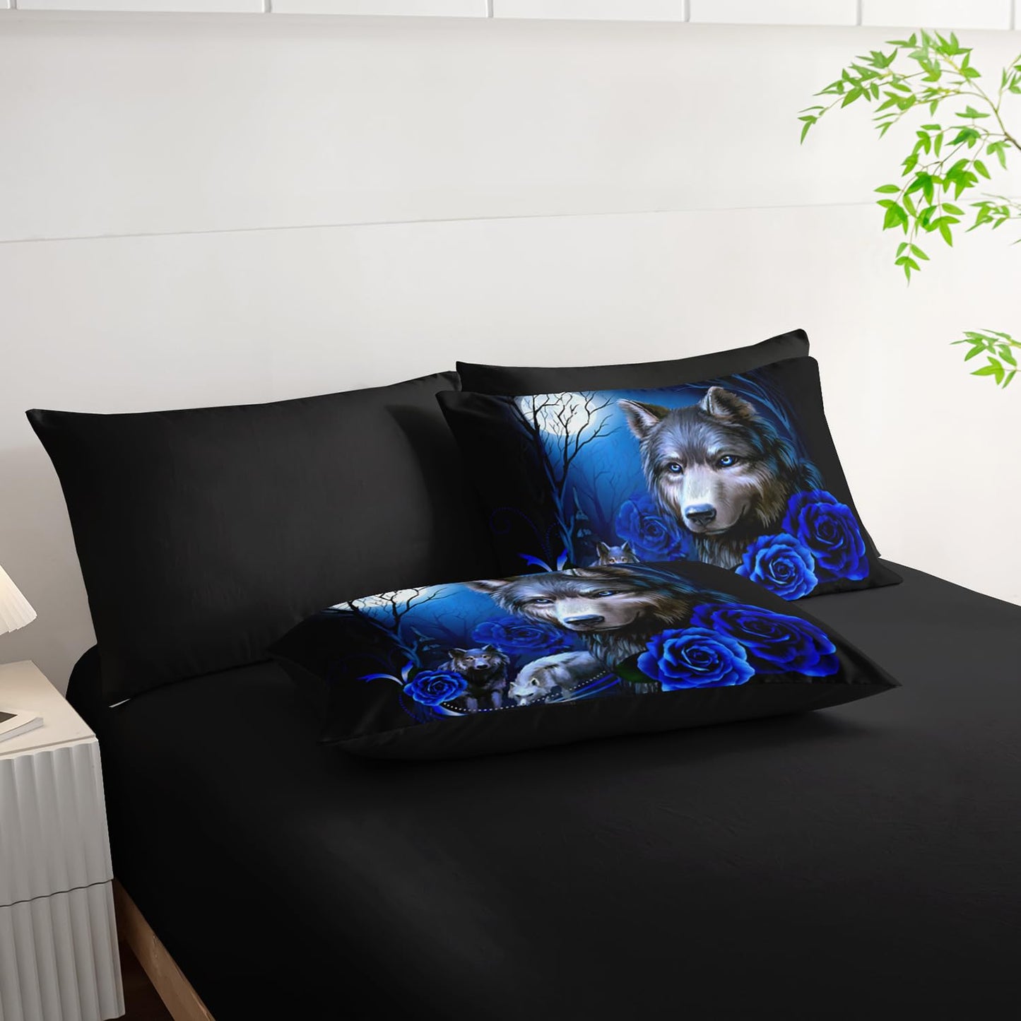 Tuzaovy Wolf Comforter Set 7 Piece Twin Size Bed in A Bag,Animal Bedding for Room Decor,Soft Wolf Comforter Blue Rose Bedding with Fitted Sheet,Flat Sheet, Pillowcases & Shams