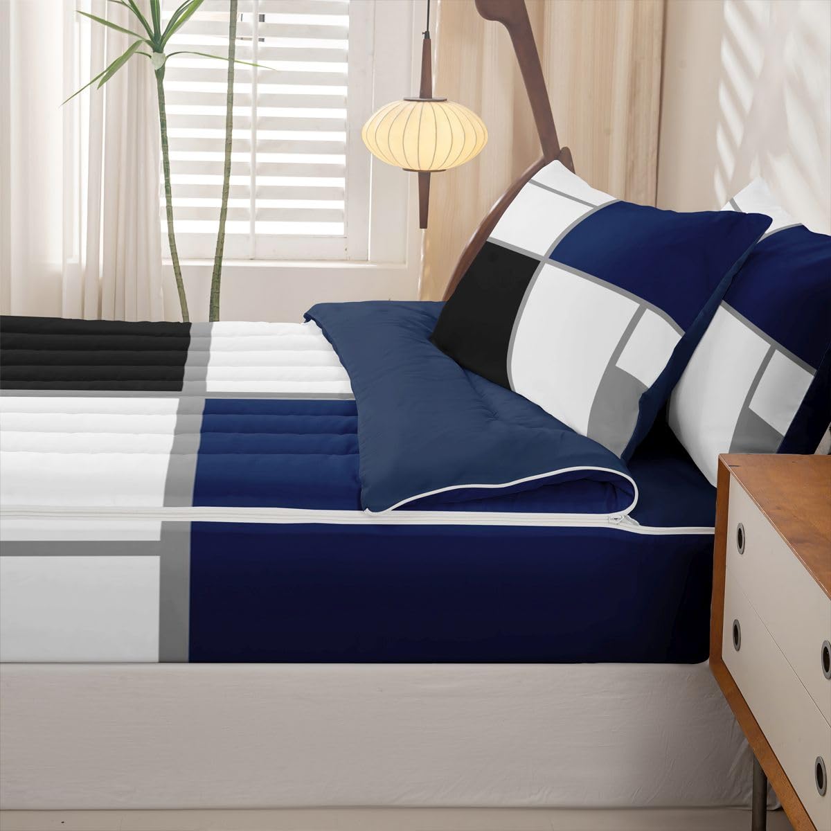 Erosebridal Zippered Bedding Set Twin for Adults Teens Black and White Abstract Comforter Set Navy Blue Striped Grid Bed in a Bag for Minimalist Modern Art Patchwork Zipper Quilt Fitted Sheet