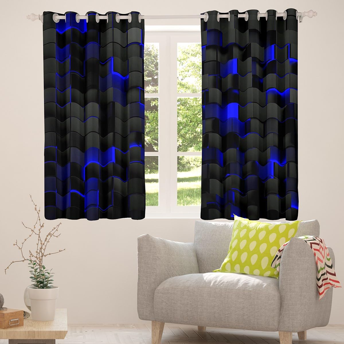Erosebridal Geometric 50% Blackout Curtains 38" Wx45 L Black Navy Royal Blue Window Curtains for Boys Men Gamer Room Decor,Neon Abstract Stereoscopic Check Grid Plaid Window Drapes 2 Panels