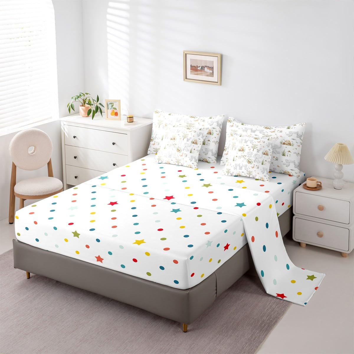 Erosebridal Kids Elephant Twin 7 Piece Comforter Set for Boys Girls Nursery Cute Cartoon Animals Bedding Set Woodland Snails Wildlife Comforter Elephant Family Stump Butterfly Trees Flat Fitted Sheet