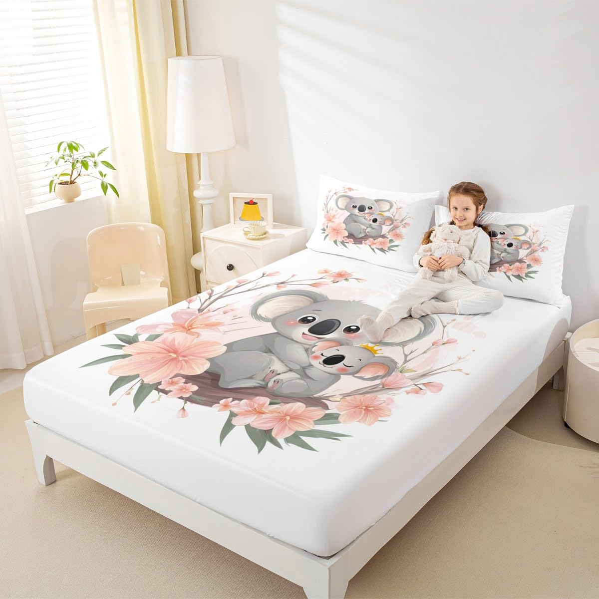 Erosebridal Koala Bear Bedding Set (No Flat Sheet), Cute Animal Bed Sheets Full Size, Lovely Family Pink Floral Fitted Sheet for Kids Boys Girls Bedroom, Botanical Branches Cartoon Pattern Bed Cover