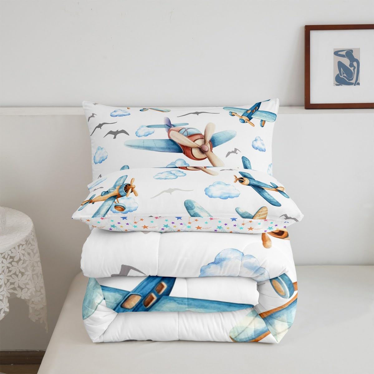 Erosebridal Boys Cartoon Propeller Plane Full Comforter Set, Aircraft Airplane Bedding Set, Blue Clouds Comforter for Kids Child Girls Adults Bedroom, Flying Birds Animals Duvet Insert